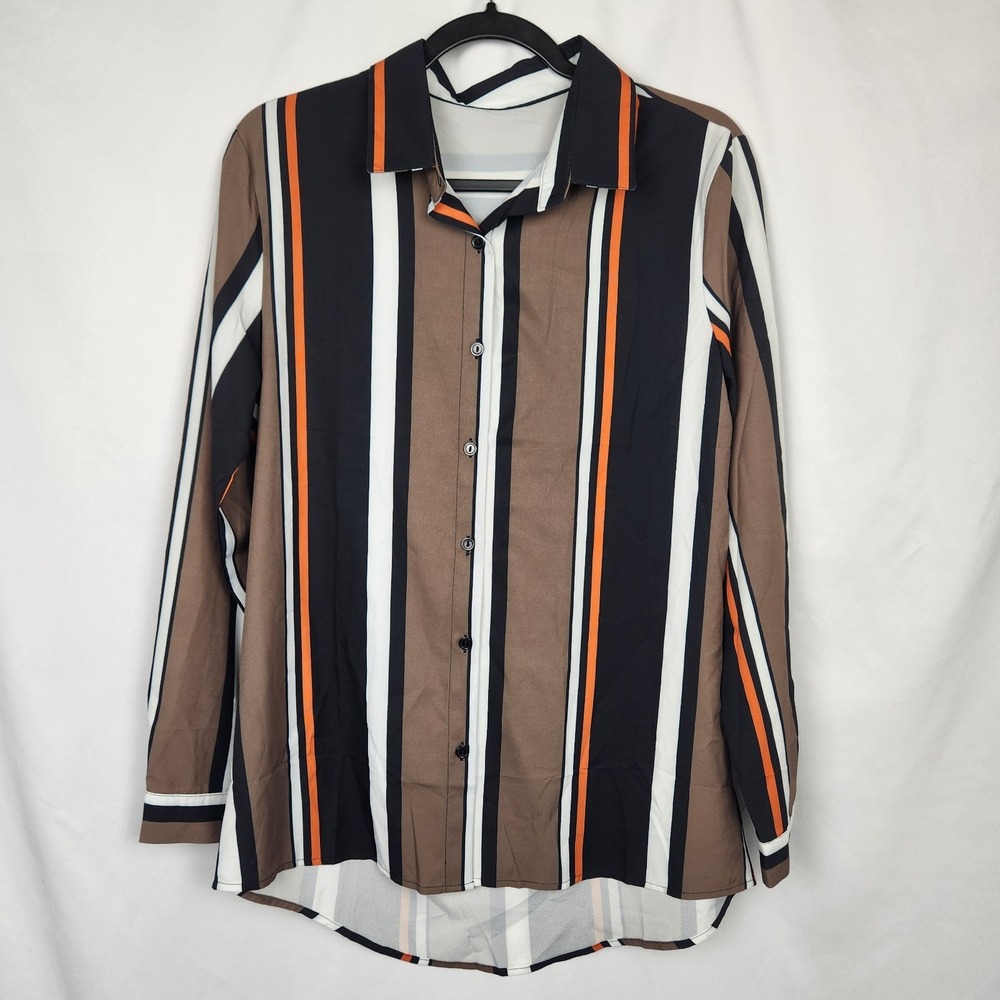 Womens‎ Brown White Black Pink Vertical Striped Button Down Top Size Medium